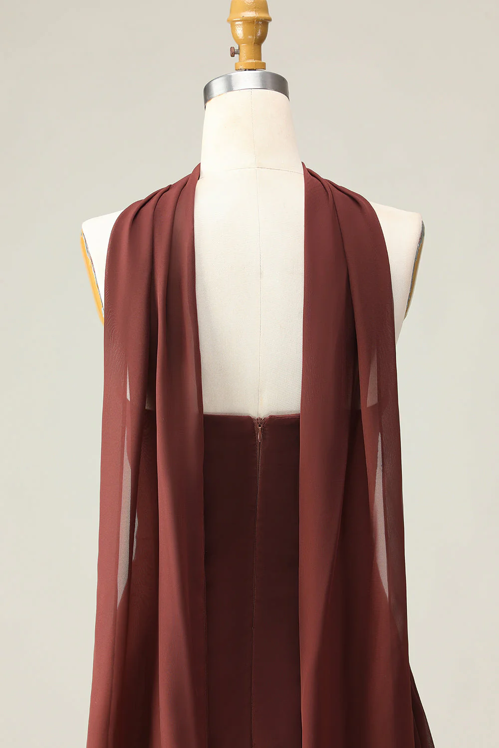 Brown A-Line Strapless Evening Dress with a Neck Scarf - Image 5