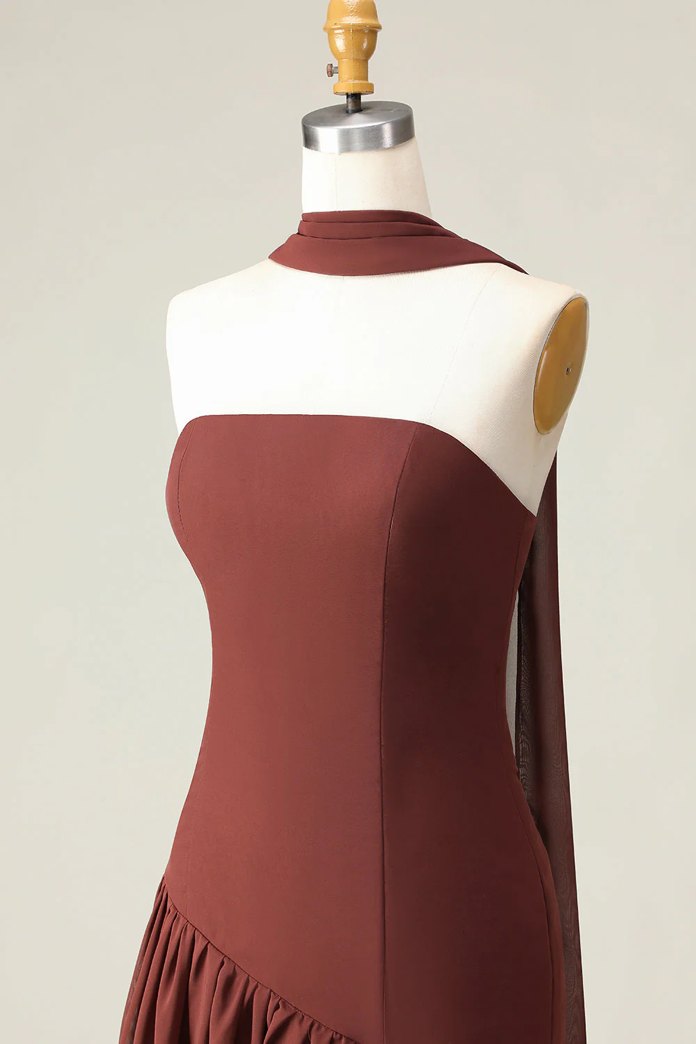 Brown A-Line Strapless Evening Dress with a Neck Scarf - Image 6