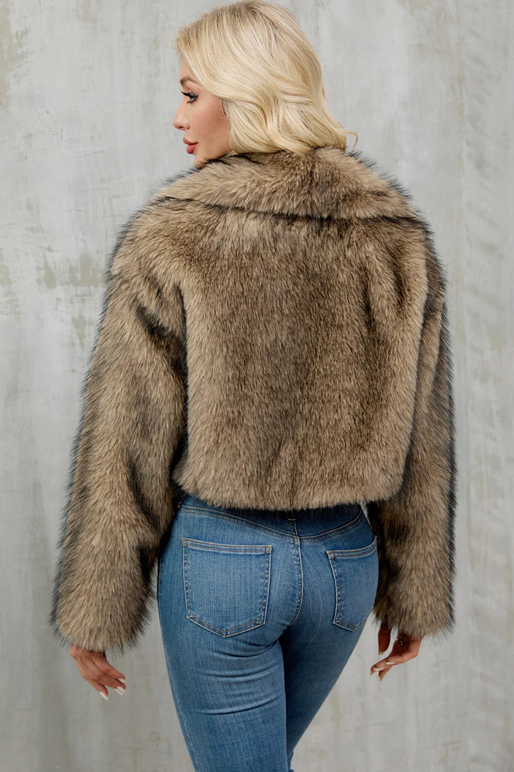 Brown Faux Fur Shawl Lapel Women Short Winter Coat - Image 11