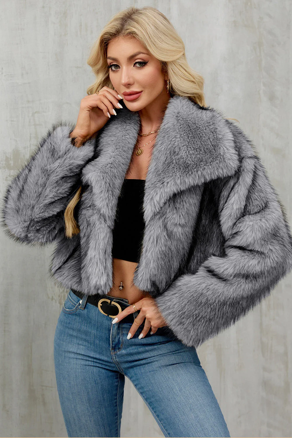 Brown Faux Fur Shawl Lapel Women Short Winter Coat - Image 16
