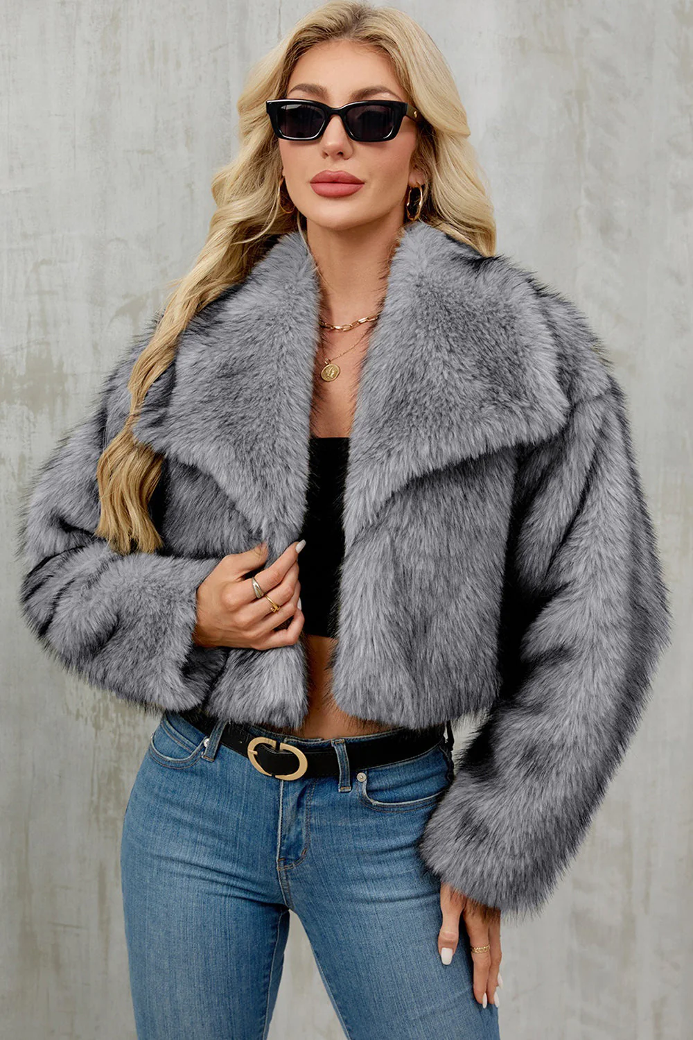 Brown Faux Fur Shawl Lapel Women Short Winter Coat - Image 17