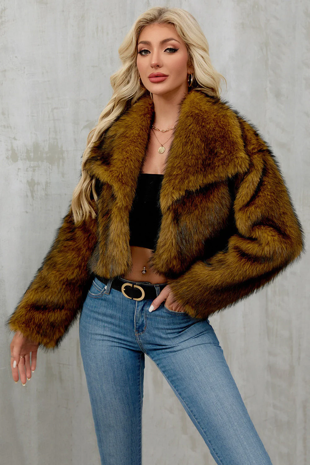 Brown Faux Fur Shawl Lapel Women Short Winter Coat - Image 5