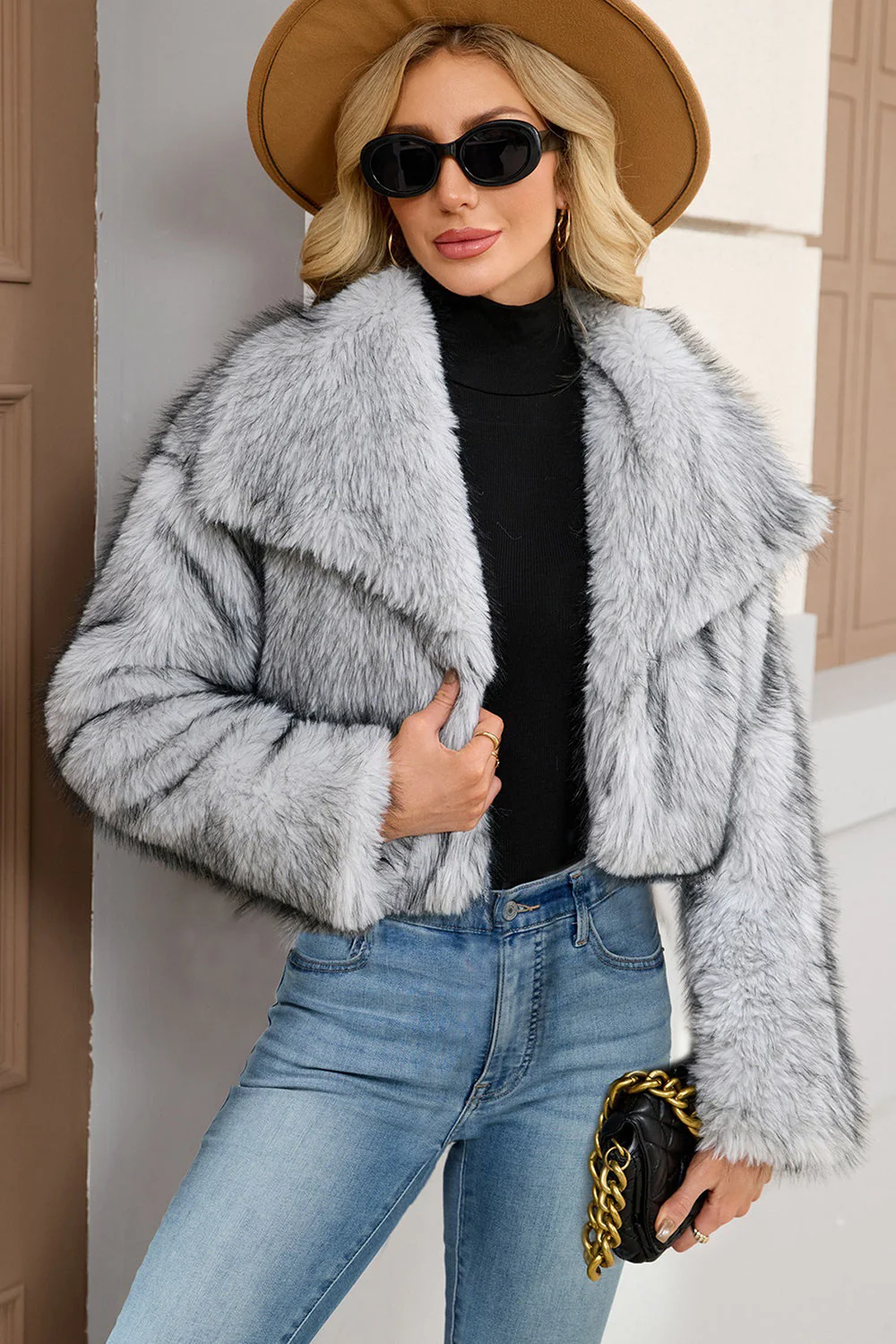 Brown Faux Fur Shawl Lapel Women Short Winter Coat - Image 9