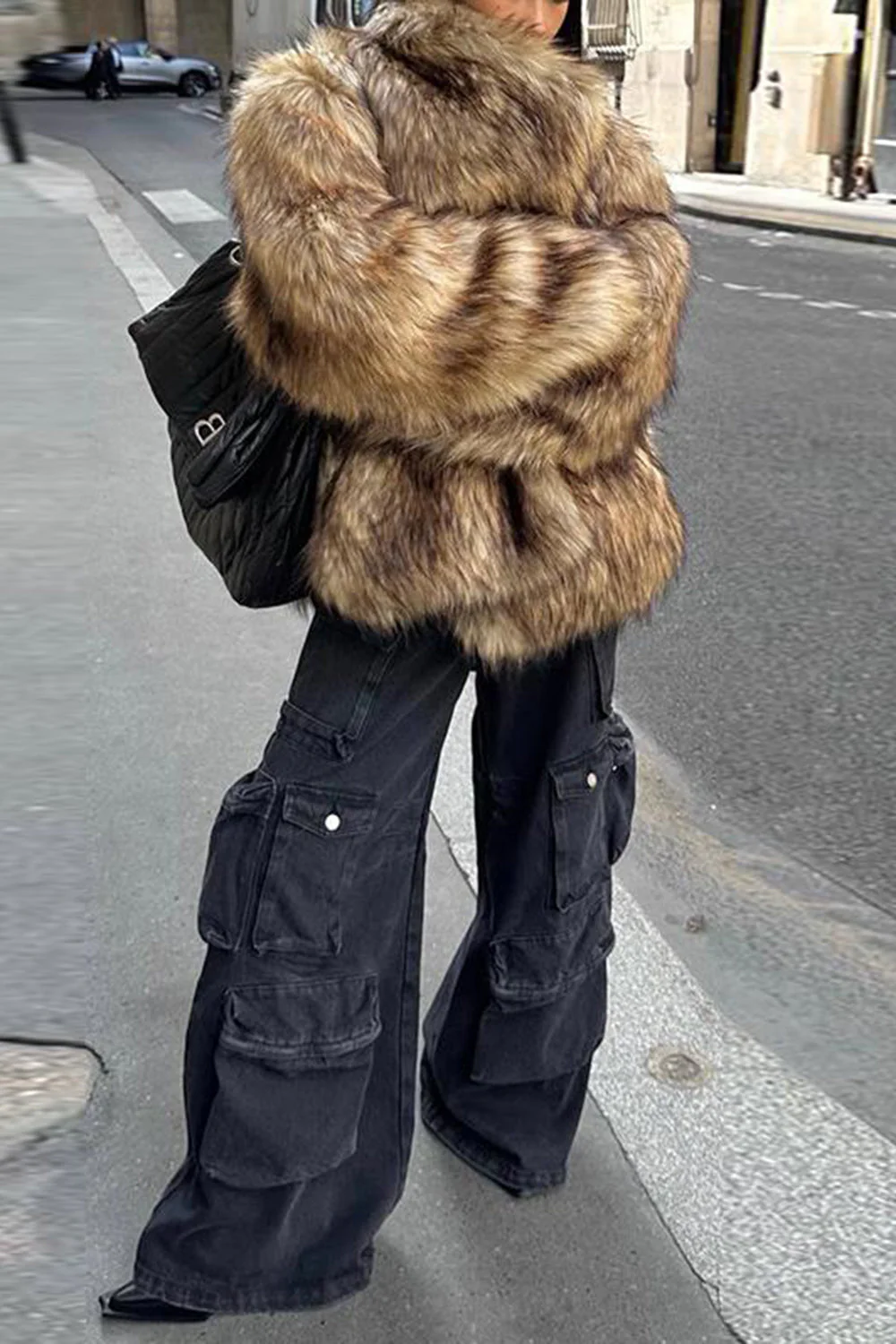 Brown Fluffy Faux Fur Long Sleeve Open Front Short Coat - Image 3