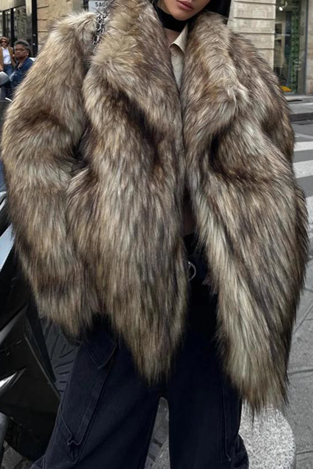 Brown Fluffy Faux Fur Long Sleeve Open Front Short Coat - Image 4