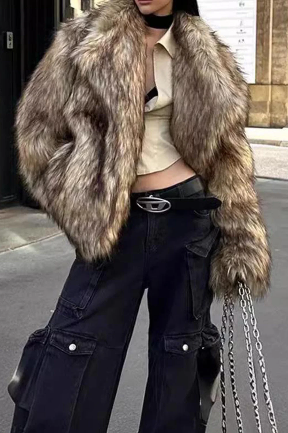 Brown Fluffy Faux Fur Long Sleeve Open Front Short Coat - Image 5