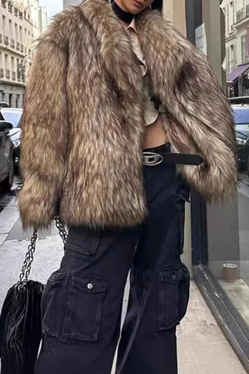 Brown Fluffy Faux Fur Long Sleeve Open Front Short Coat - Image 6
