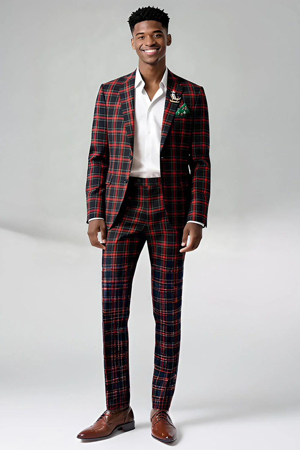 Brown Grey 2 Piece Notched Lapel Grid Men's Prom Suits with Pockets - Image 10