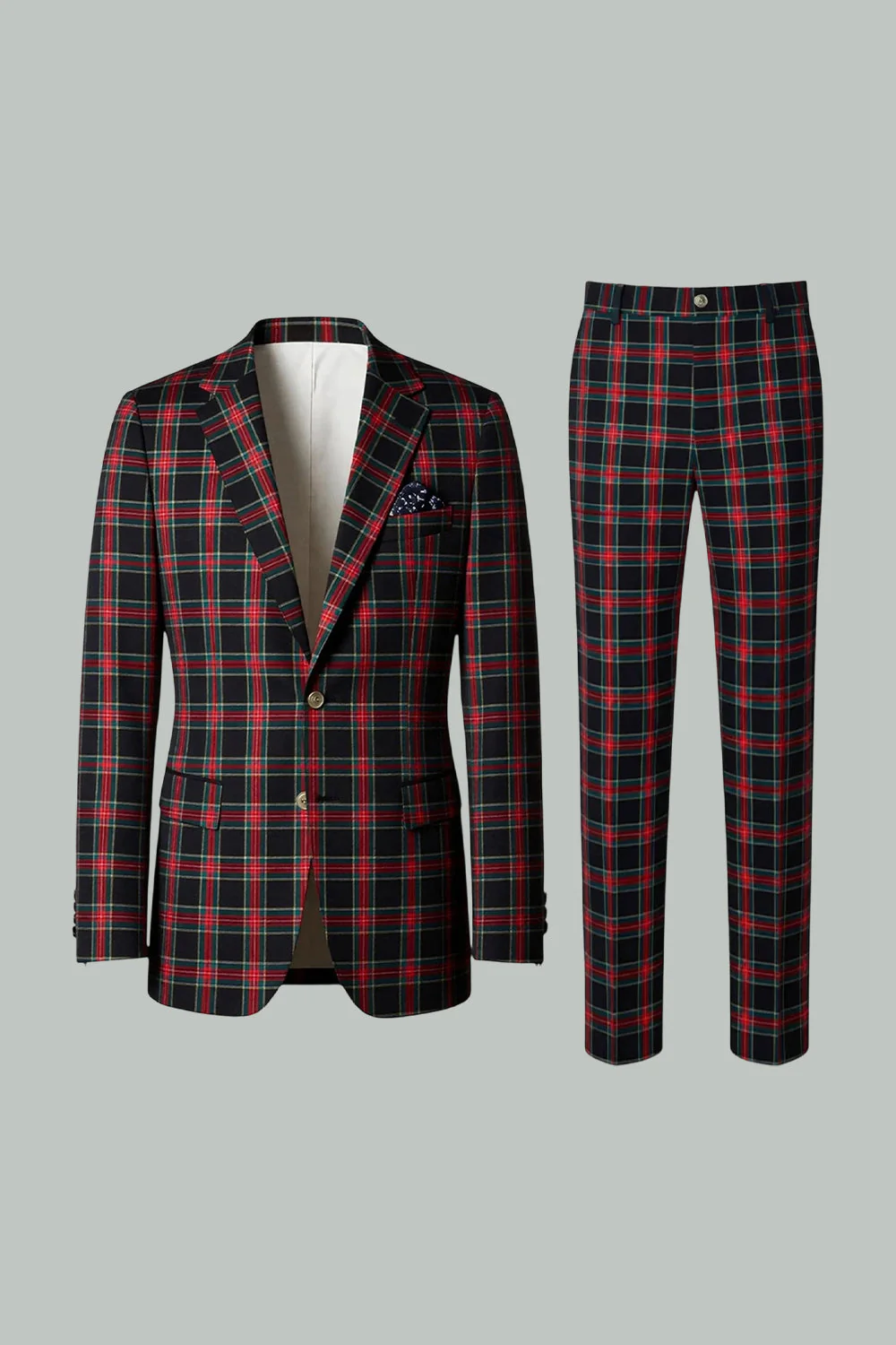 Brown Grey 2 Piece Notched Lapel Grid Men's Prom Suits with Pockets - Image 18