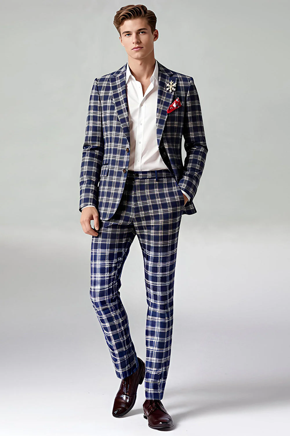 Brown Grey 2 Piece Notched Lapel Grid Men's Prom Suits with Pockets - Image 19