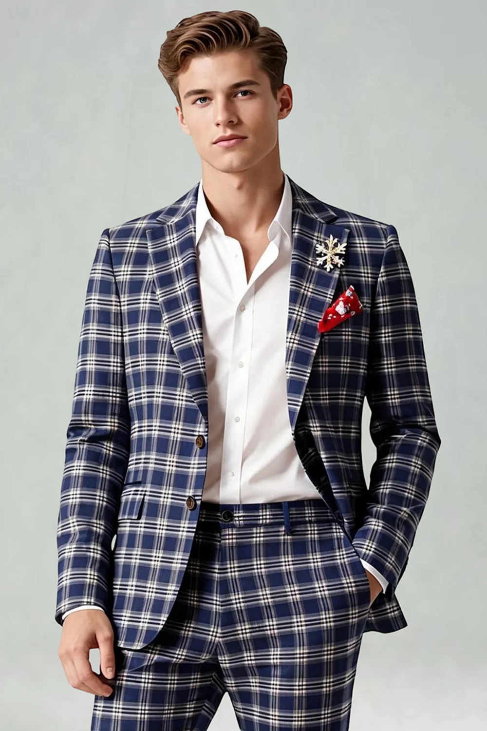 Brown Grey 2 Piece Notched Lapel Grid Men's Prom Suits with Pockets - Image 20