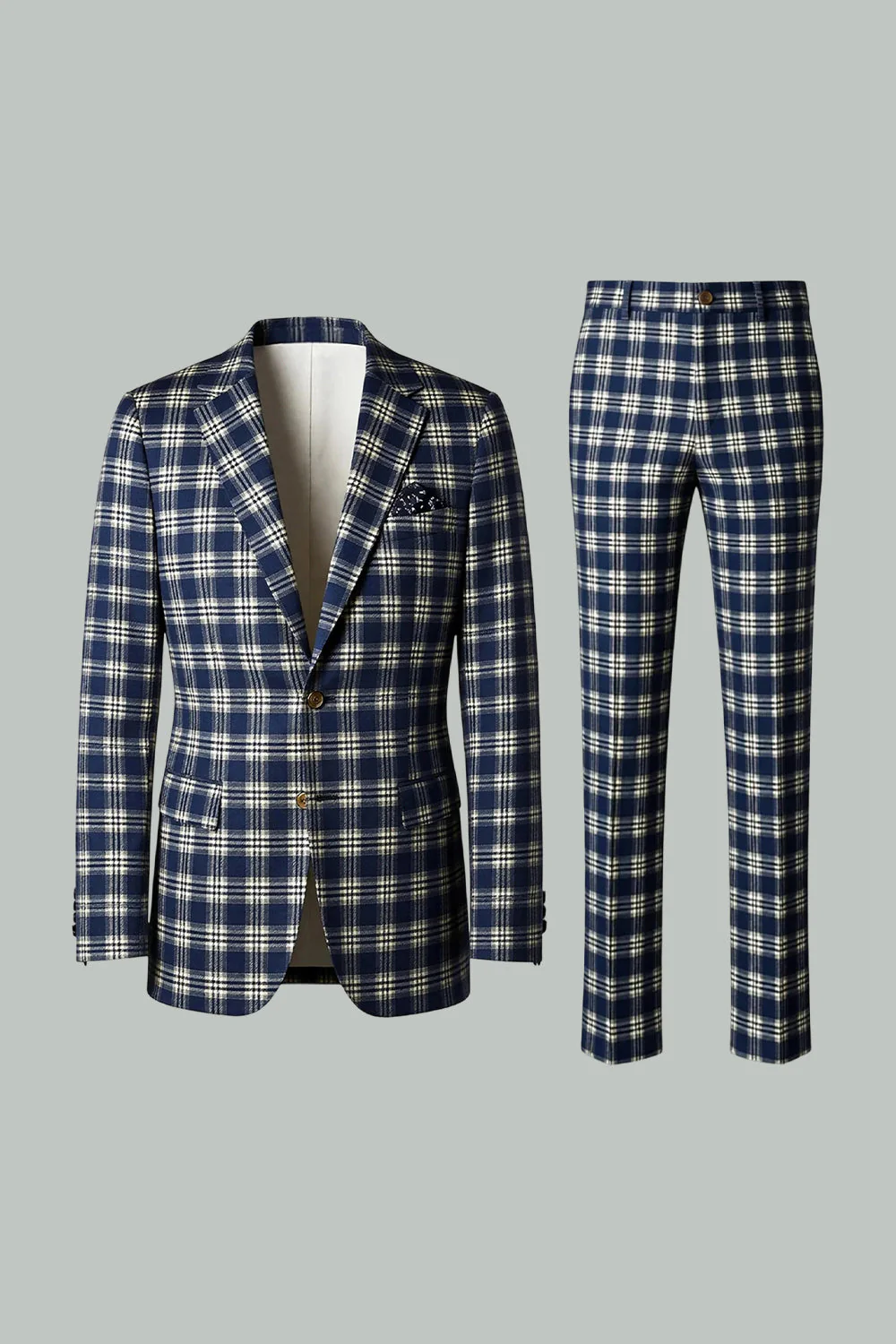 Brown Grey 2 Piece Notched Lapel Grid Men's Prom Suits with Pockets - Image 26