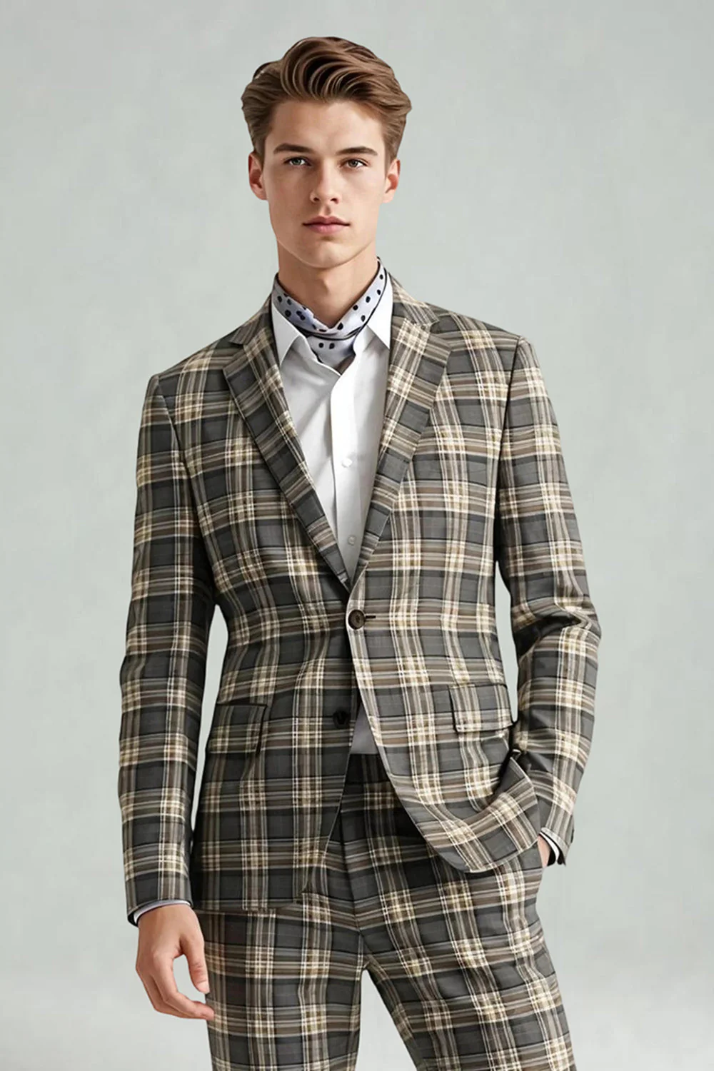 Brown Grey 2 Piece Notched Lapel Grid Men's Prom Suits with Pockets - Image 3