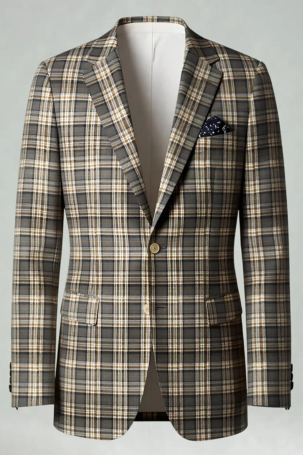 Brown Grey 2 Piece Notched Lapel Grid Men's Prom Suits with Pockets - Image 4