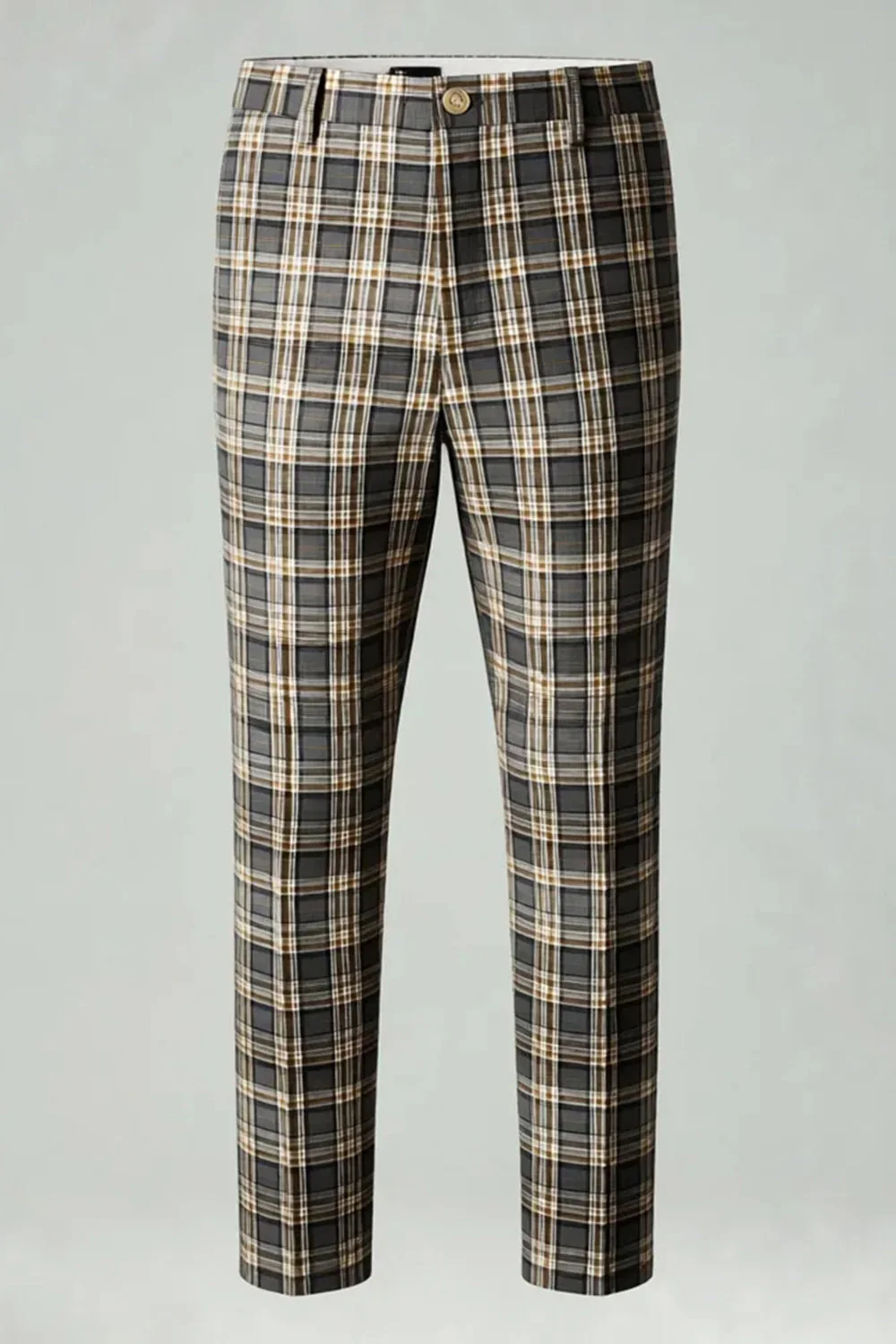 Brown Grey 2 Piece Notched Lapel Grid Men's Prom Suits with Pockets - Image 6
