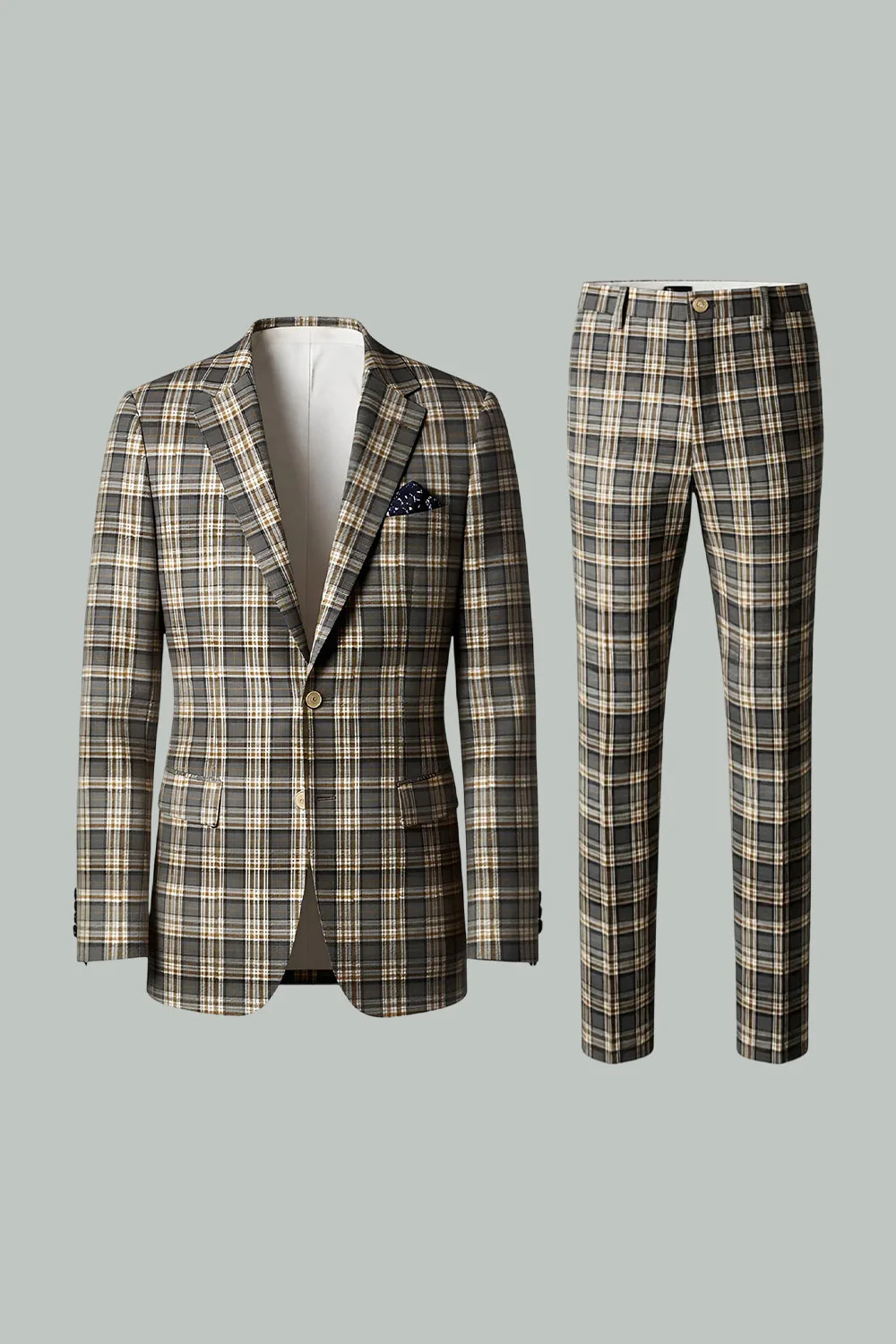 Brown Grey 2 Piece Notched Lapel Grid Men's Prom Suits with Pockets - Image 9