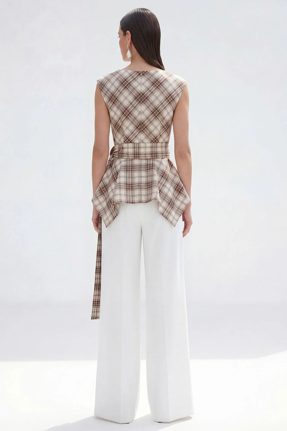 Brown Grid 2 Piece Bateau Neck Women Suits with Belt - Image 2
