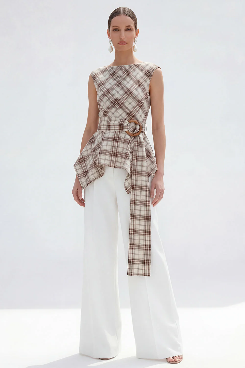 Brown Grid 2 Piece Bateau Neck Women Suits with Belt - Image 3