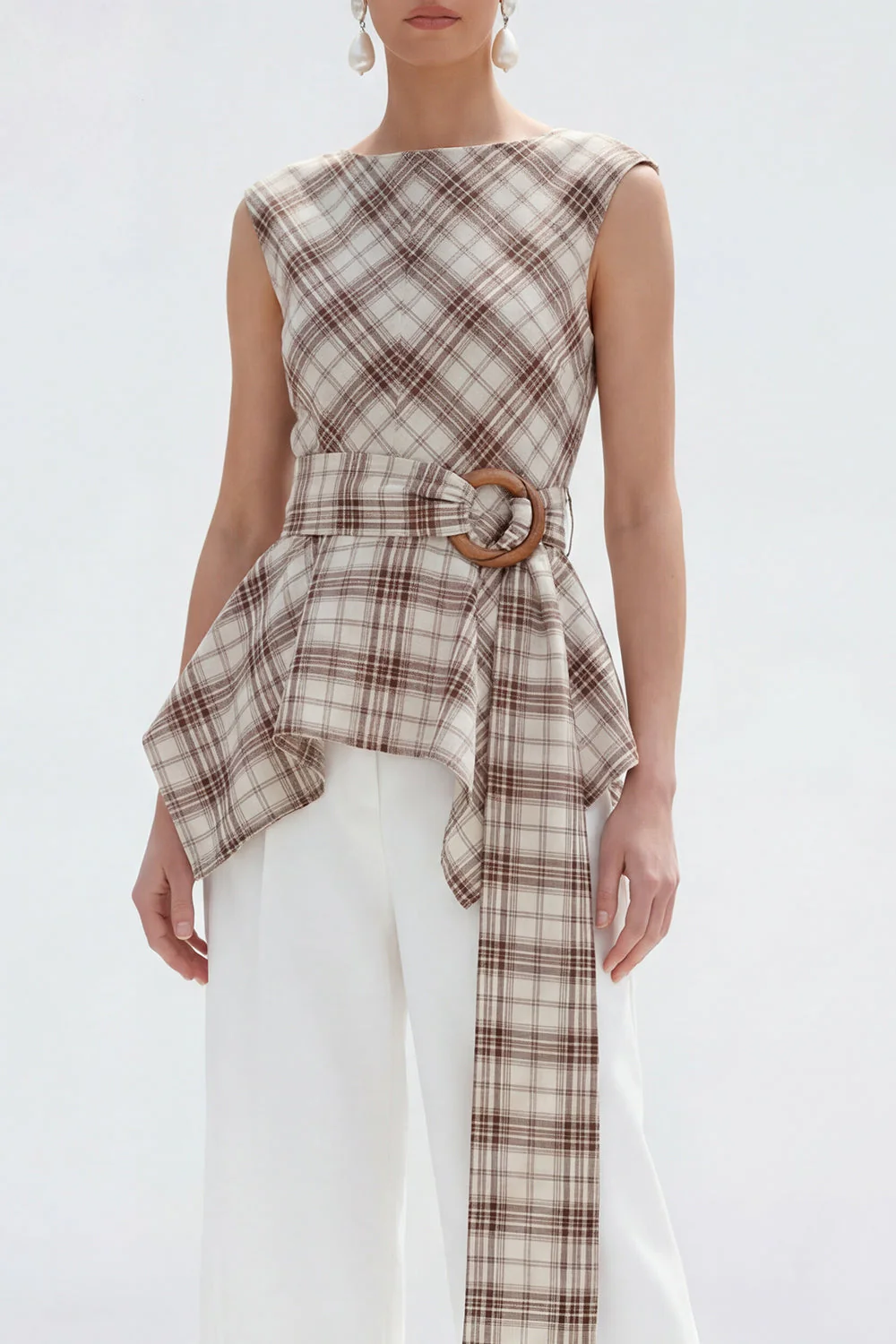 Brown Grid 2 Piece Bateau Neck Women Suits with Belt - Image 4