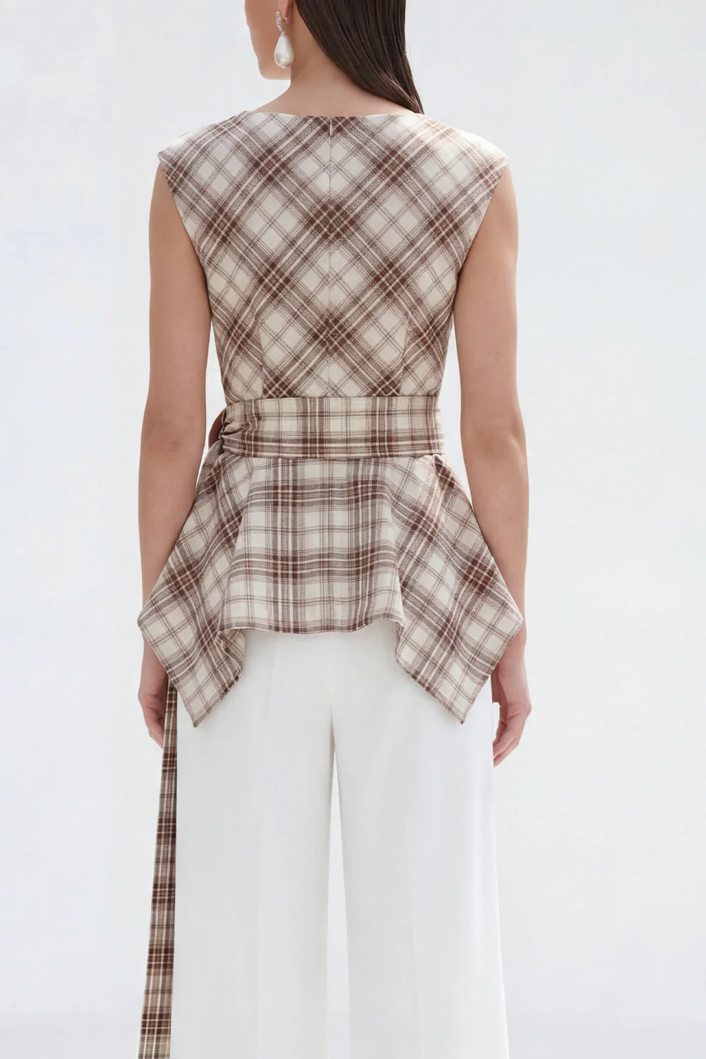 Brown Grid 2 Piece Bateau Neck Women Suits with Belt - Image 5