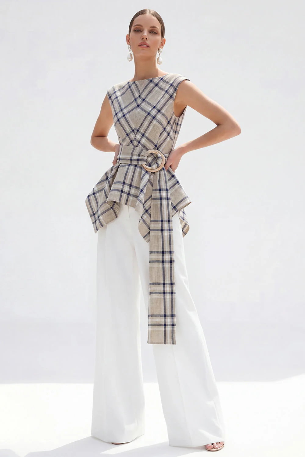 Brown Grid 2 Piece Bateau Neck Women Suits with Belt - Image 6