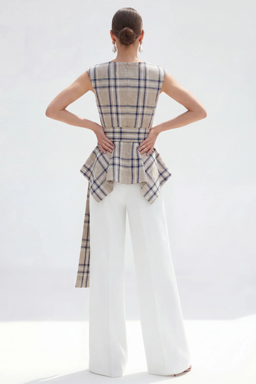 Brown Grid 2 Piece Bateau Neck Women Suits with Belt - Image 7