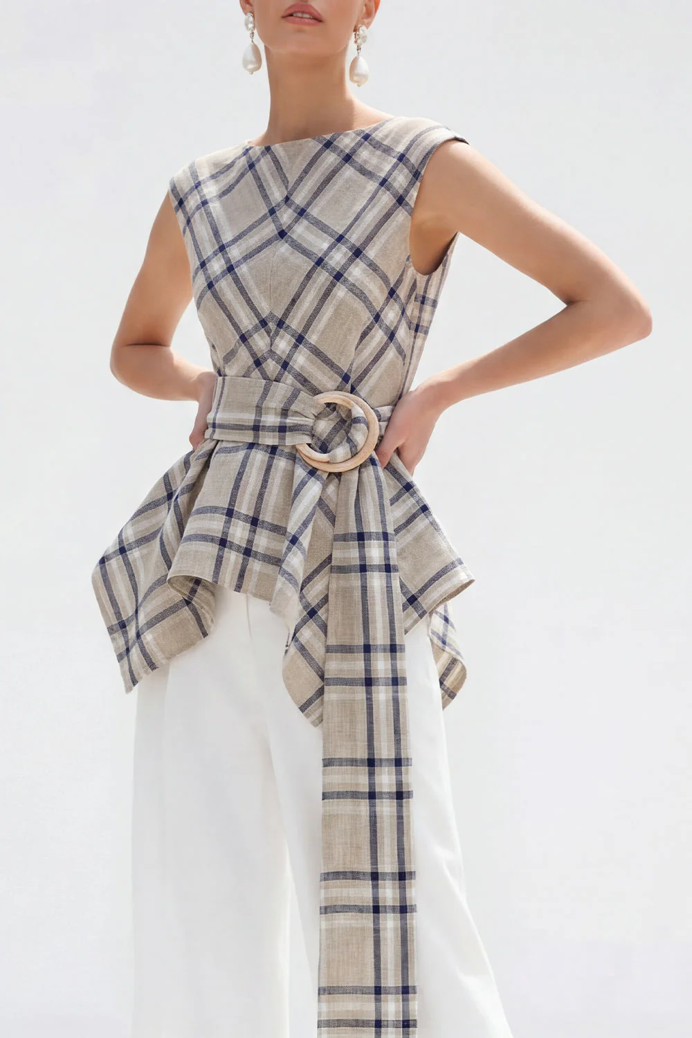 Brown Grid 2 Piece Bateau Neck Women Suits with Belt - Image 8