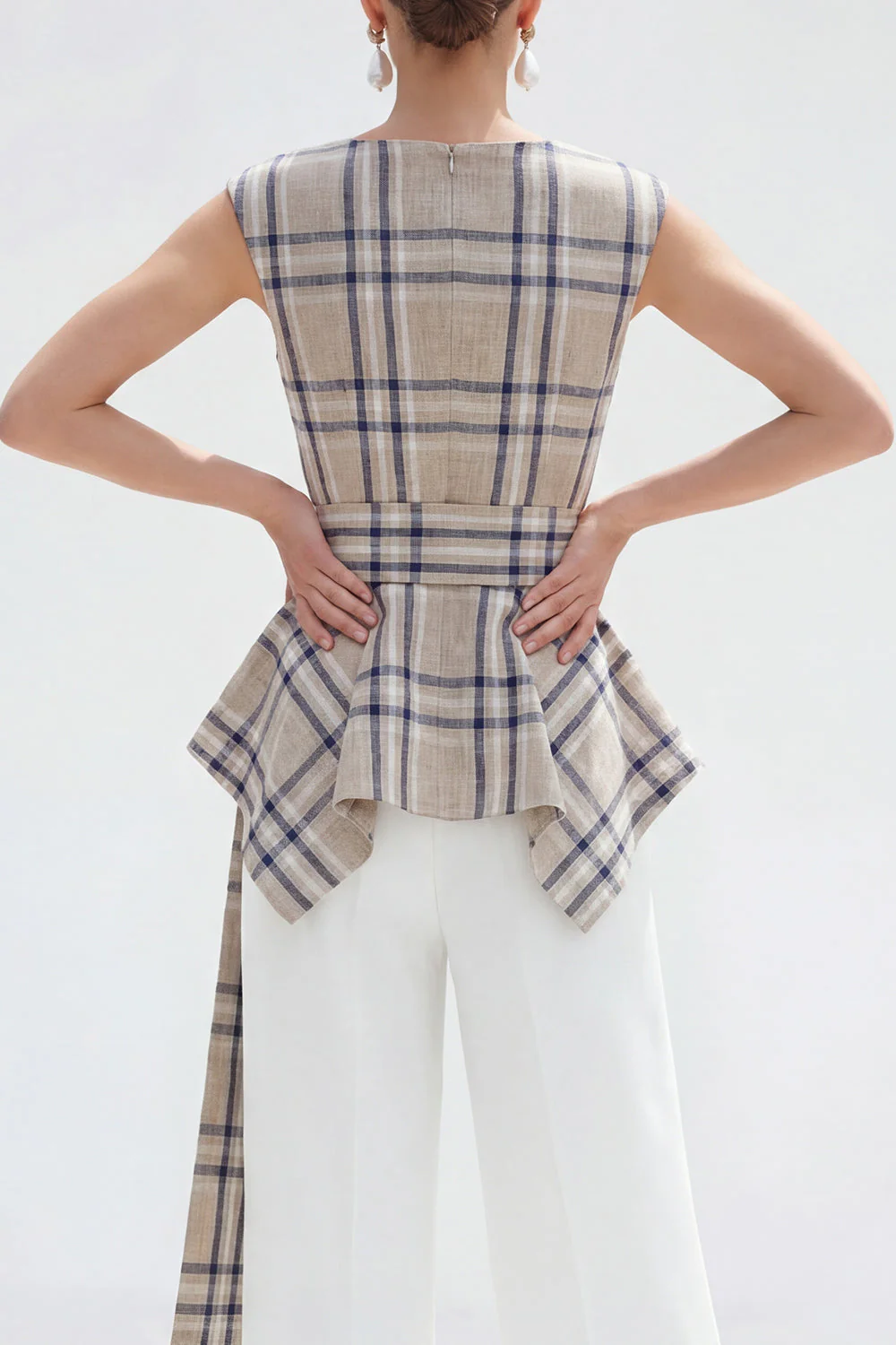 Brown Grid 2 Piece Bateau Neck Women Suits with Belt - Image 9
