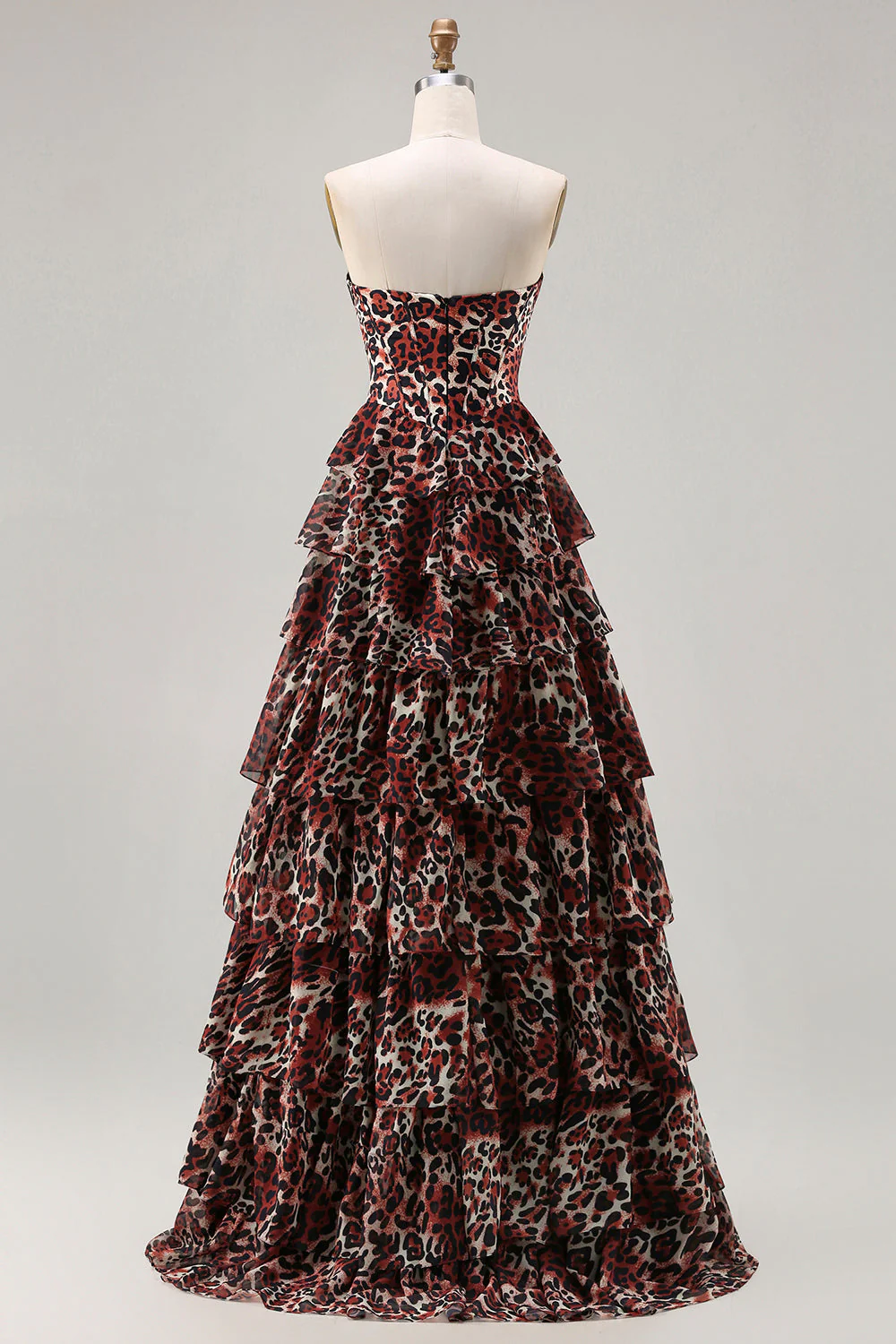 Brown Leopard A-Line Sweetheart Corset Tiered Long Prom Dress with Ruffles - Image 2