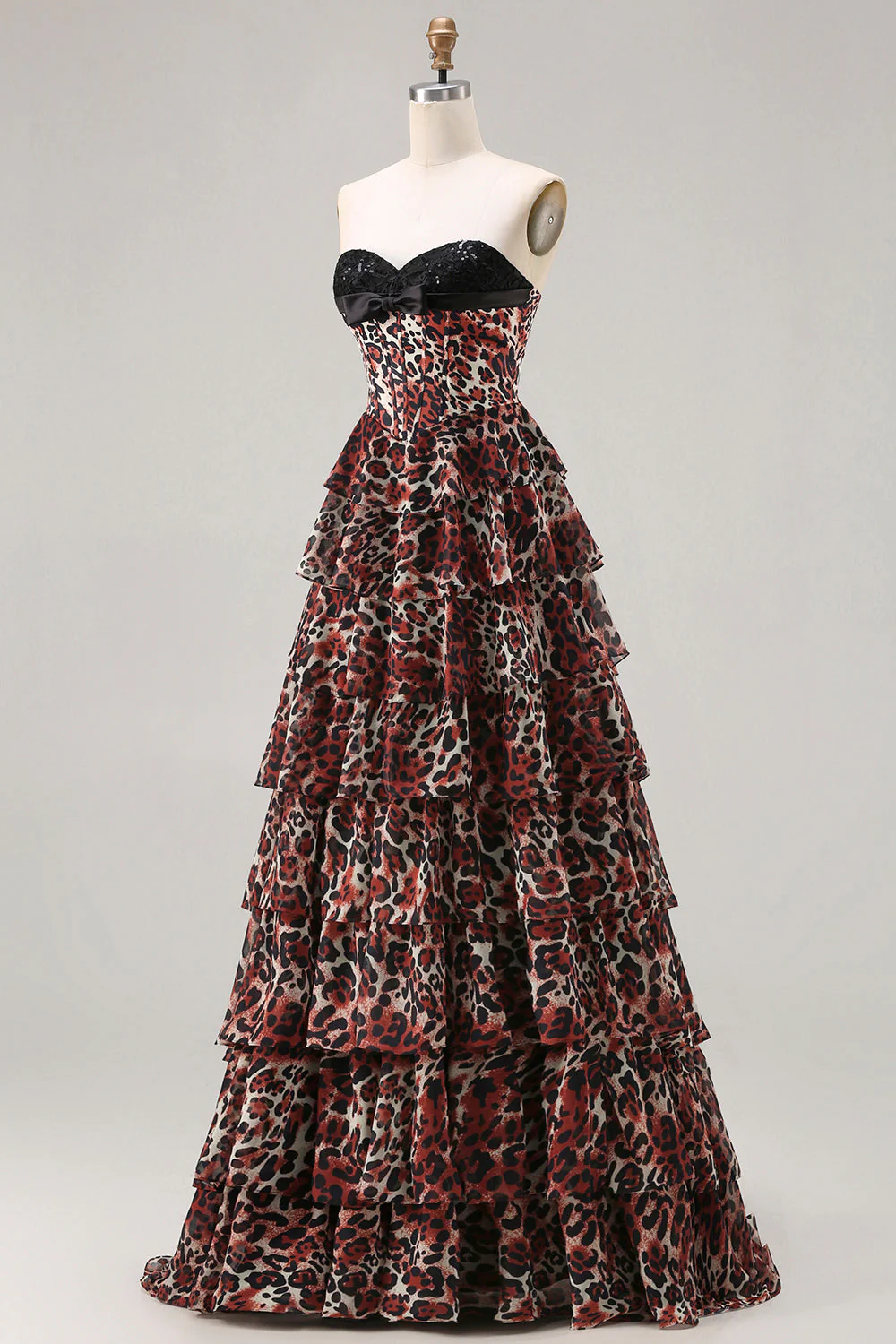 Brown Leopard A-Line Sweetheart Corset Tiered Long Prom Dress with Ruffles - Image 3