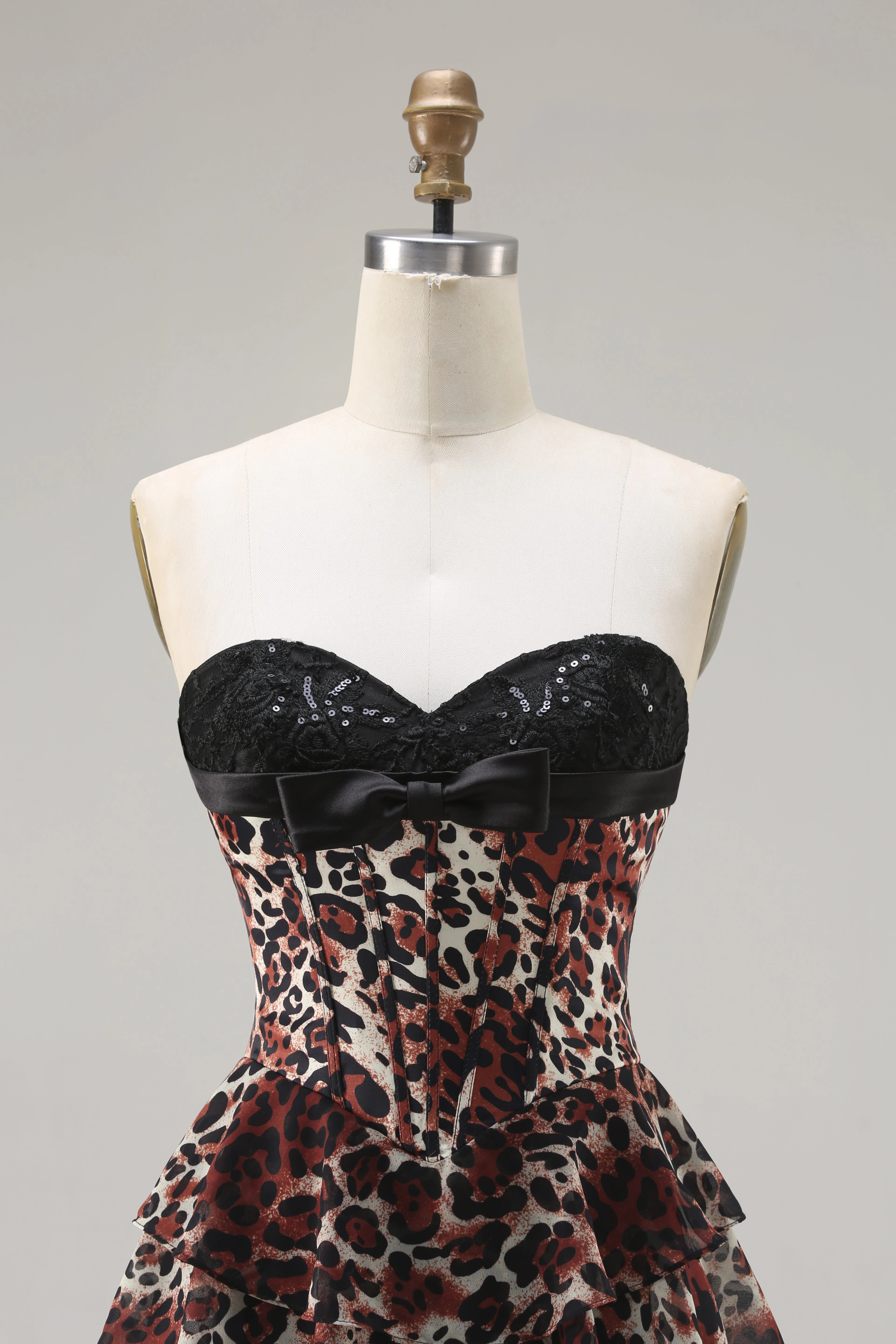 Brown Leopard A-Line Sweetheart Corset Tiered Long Prom Dress with Ruffles - Image 4