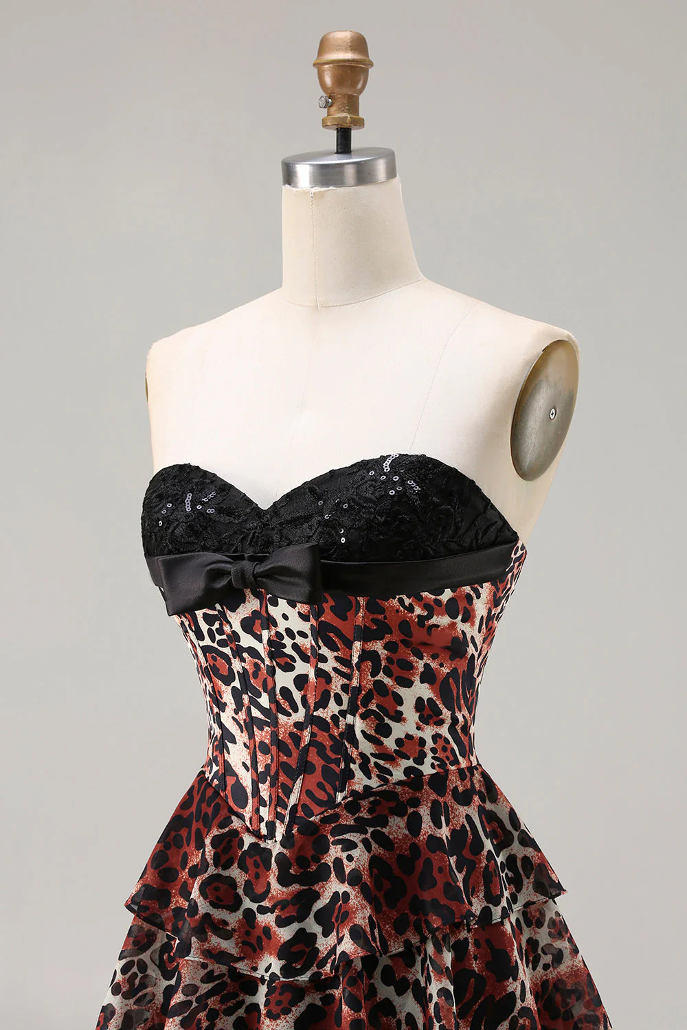Brown Leopard A-Line Sweetheart Corset Tiered Long Prom Dress with Ruffles - Image 6