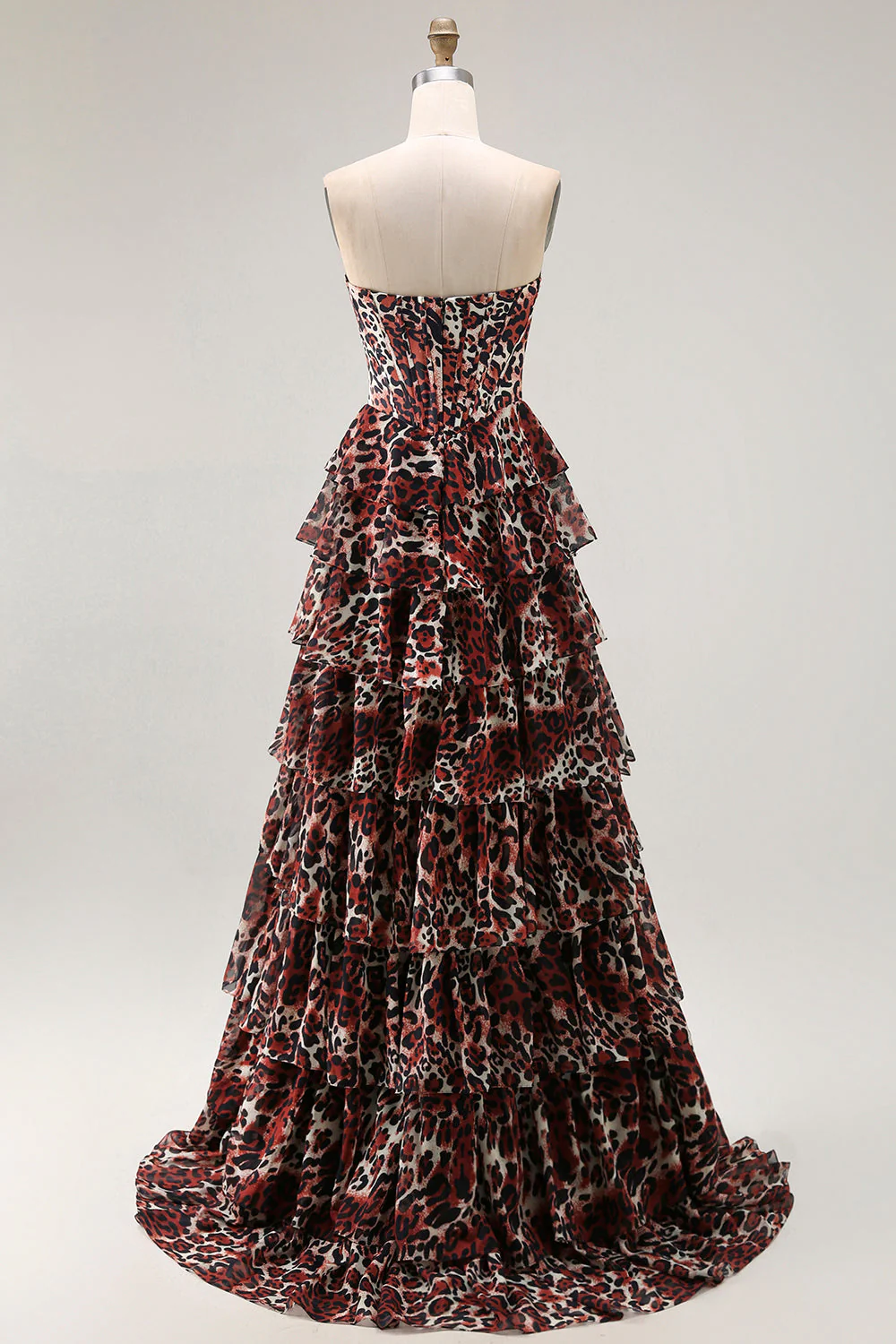 Brown Leopard A Line Sweetheart Tiered Long Prom Dress with Ruffles - Image 2