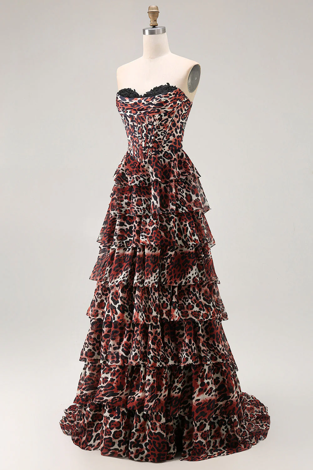 Brown Leopard A Line Sweetheart Tiered Long Prom Dress with Ruffles - Image 5