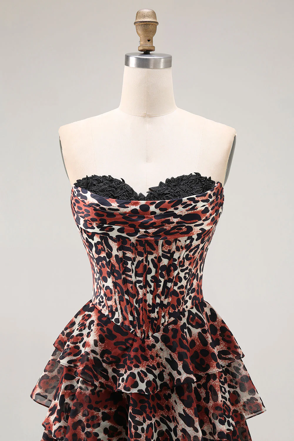 Brown Leopard A Line Sweetheart Tiered Long Prom Dress with Ruffles - Image 6