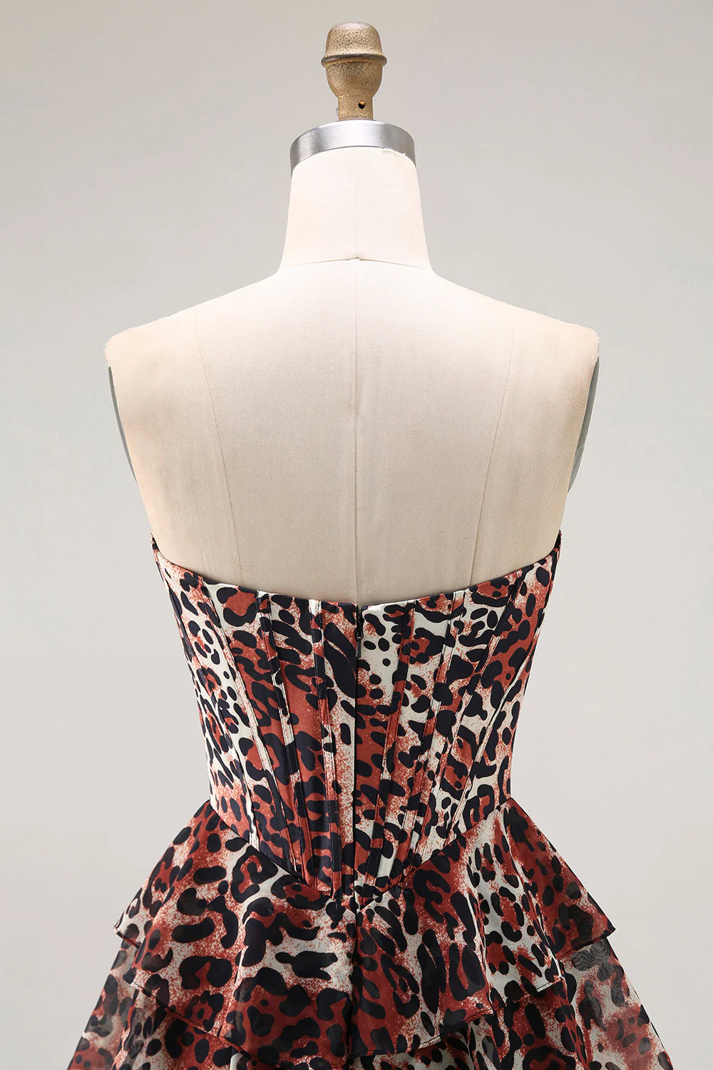 Brown Leopard A Line Sweetheart Tiered Long Prom Dress with Ruffles - Image 7