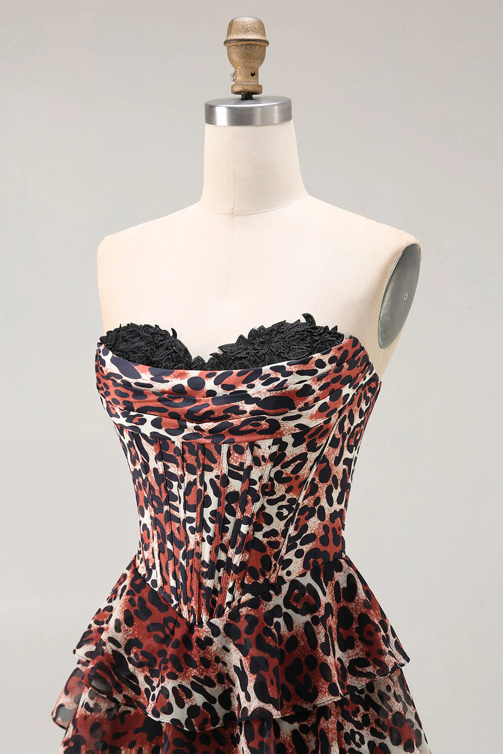 Brown Leopard A Line Sweetheart Tiered Long Prom Dress with Ruffles - Image 8