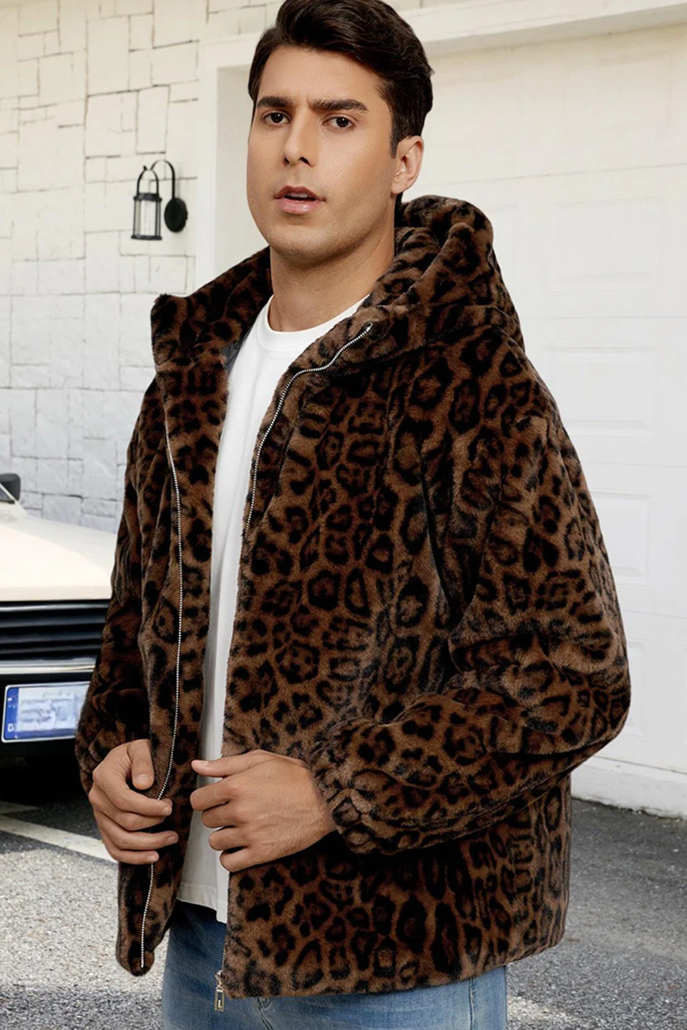 Brown Leopard Faux Fur Hooded Men's Winter Coat - Image 2
