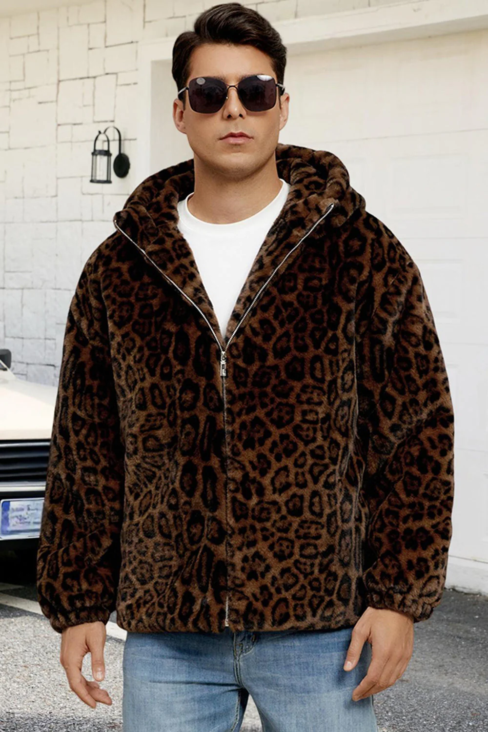 Brown Leopard Faux Fur Hooded Men's Winter Coat - Image 3