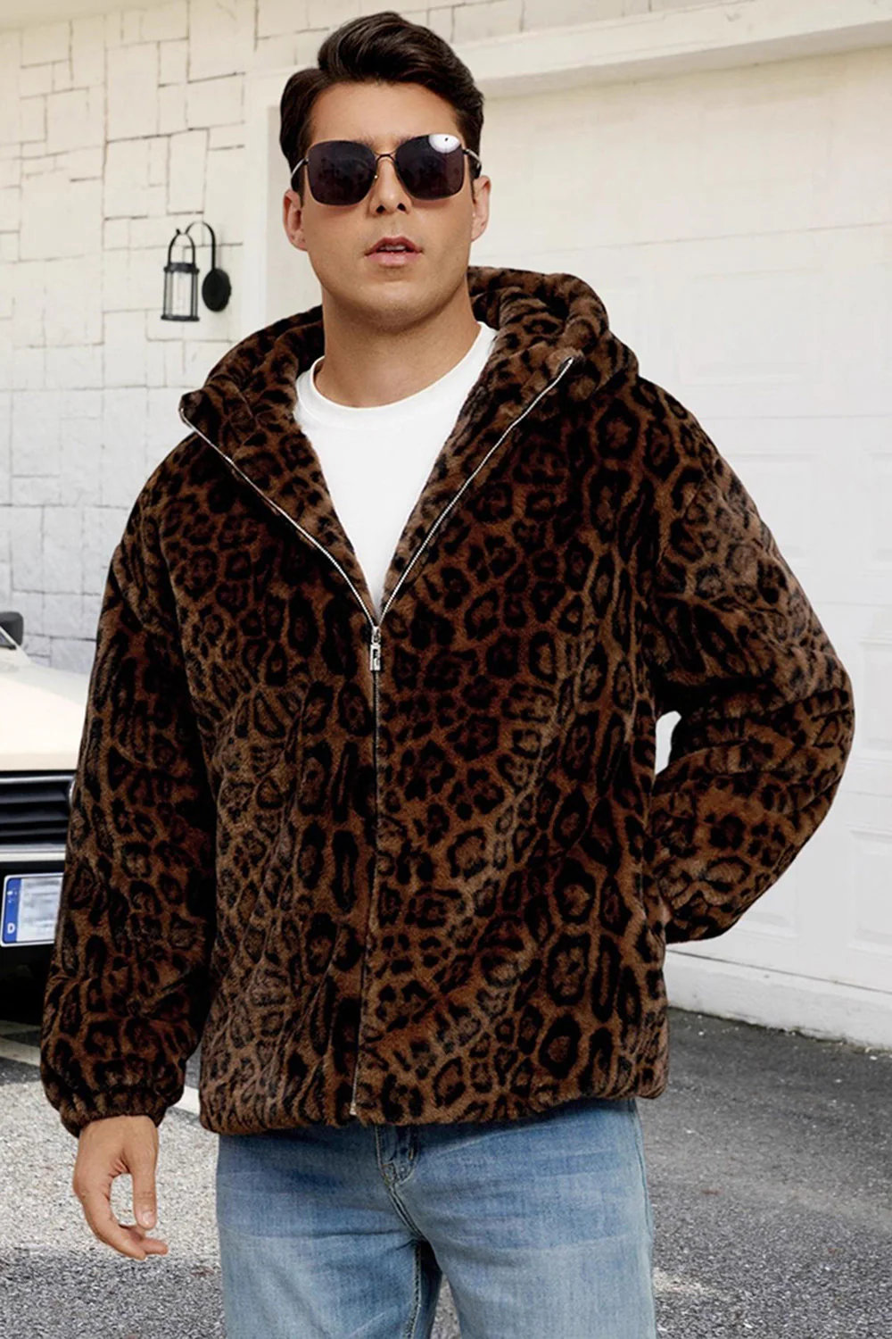 Brown Leopard Faux Fur Hooded Men's Winter Coat - Image 4