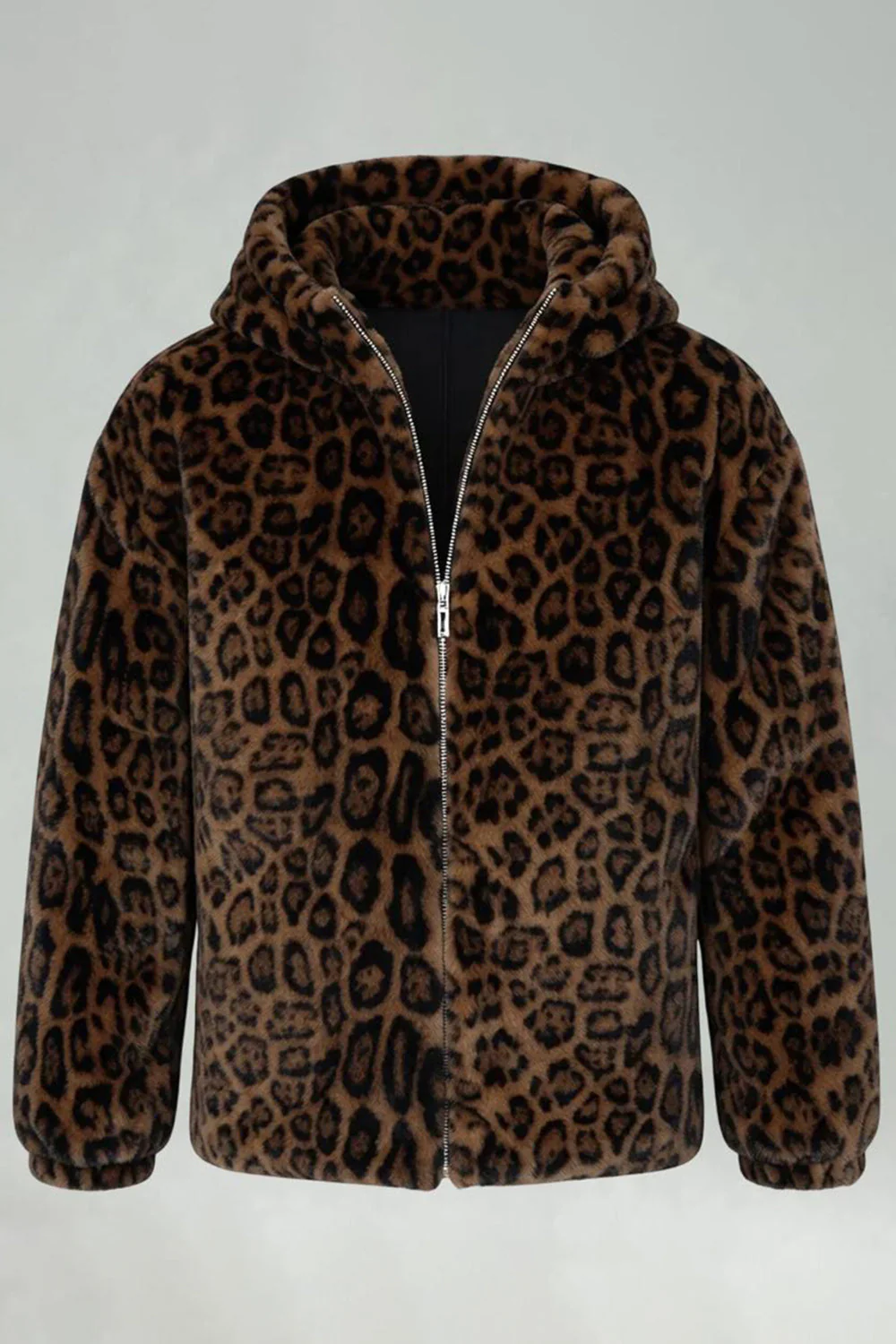 Brown Leopard Faux Fur Hooded Men's Winter Coat - Image 5