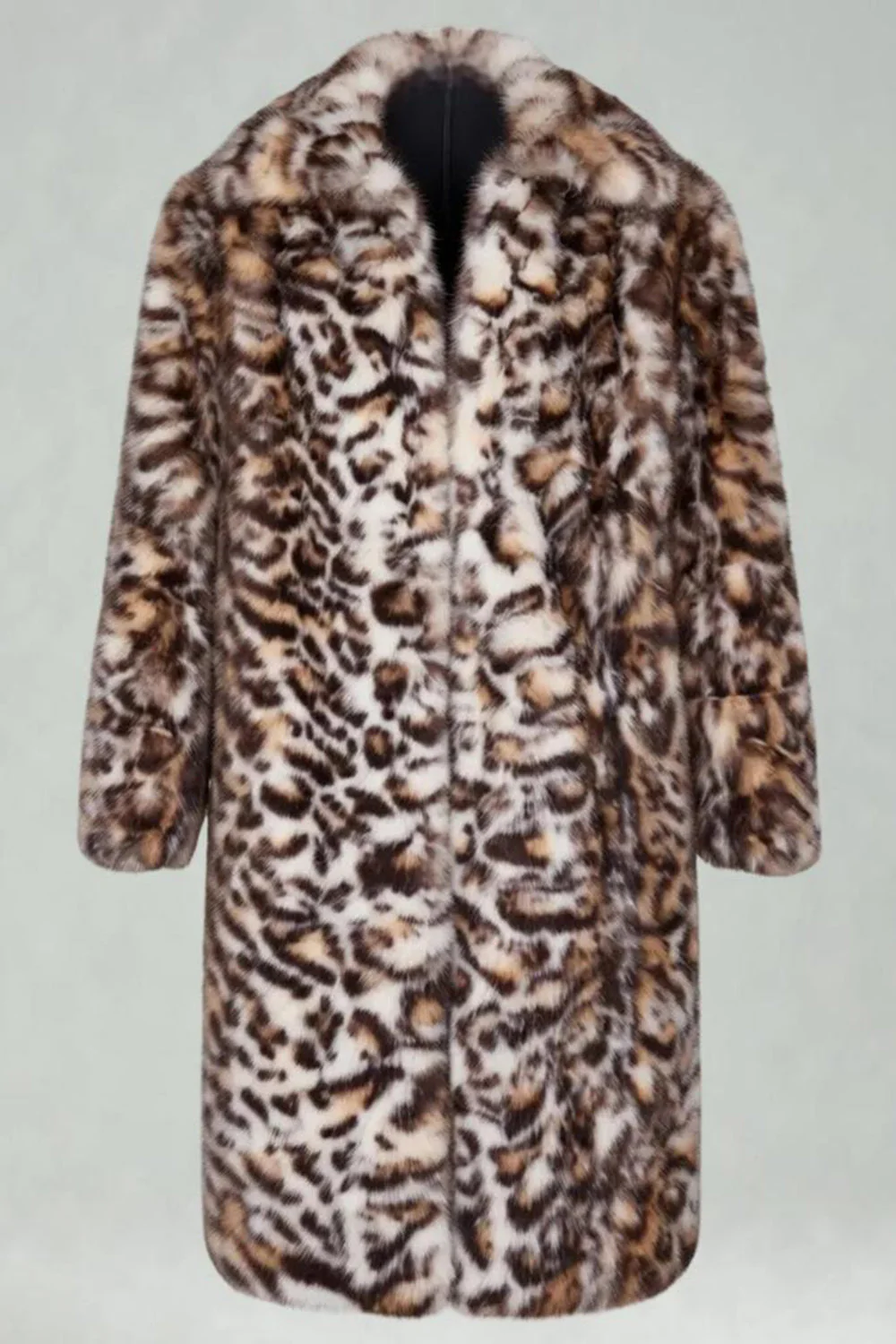 Brown Leopard Faux Fur Open Front Long Men's Coat - Image 2
