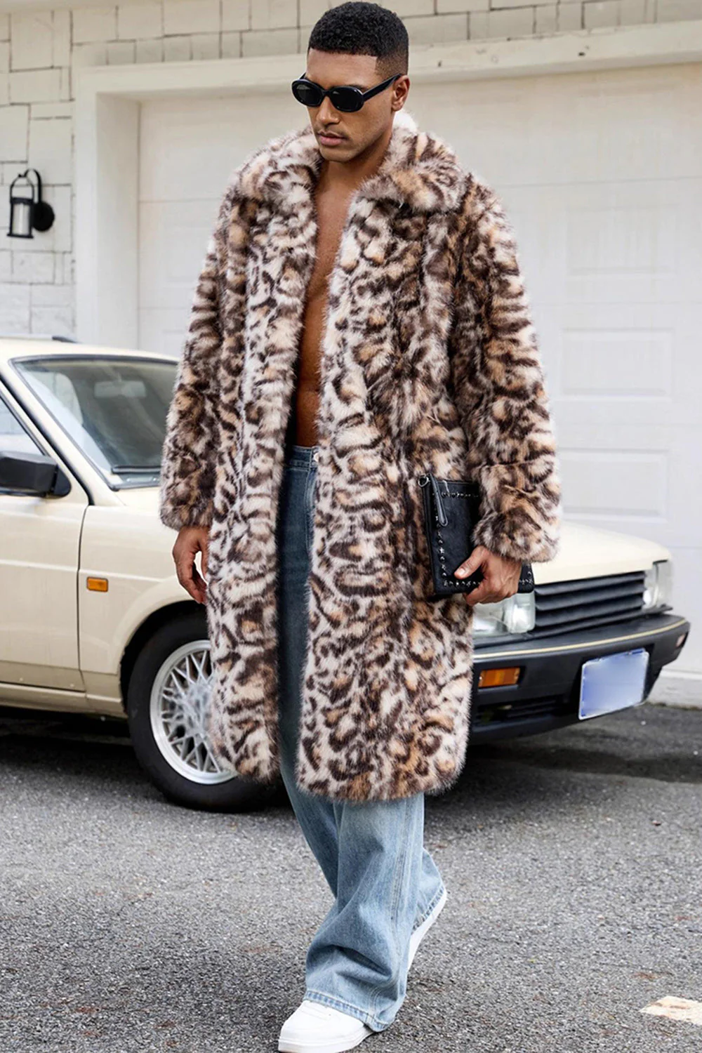 Brown Leopard Faux Fur Open Front Long Men's Coat - Image 3