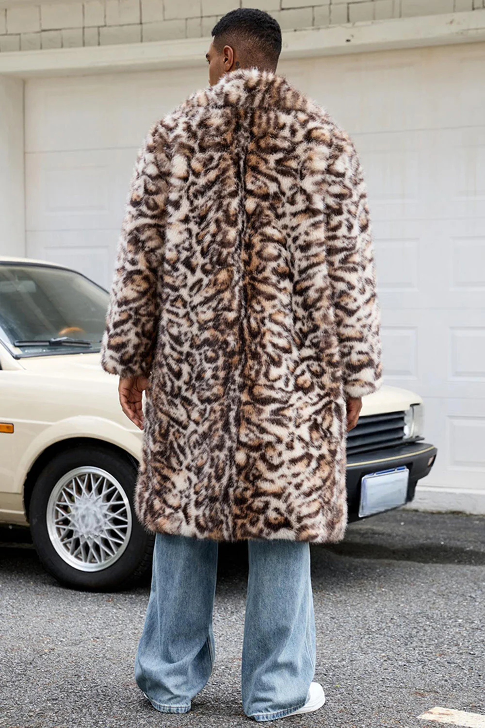 Brown Leopard Faux Fur Open Front Long Men's Coat - Image 4