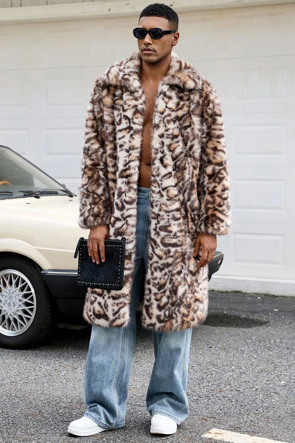 Brown Leopard Faux Fur Open Front Long Men's Coat - Image 5