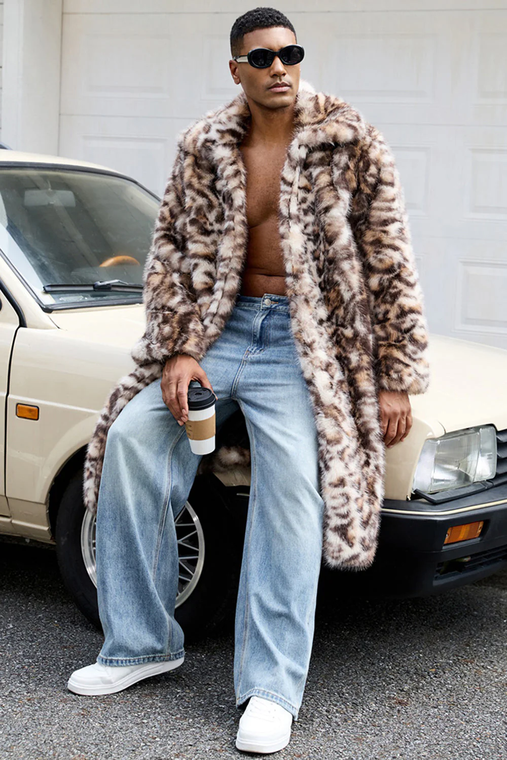 Brown Leopard Faux Fur Open Front Long Men's Coat - Image 6