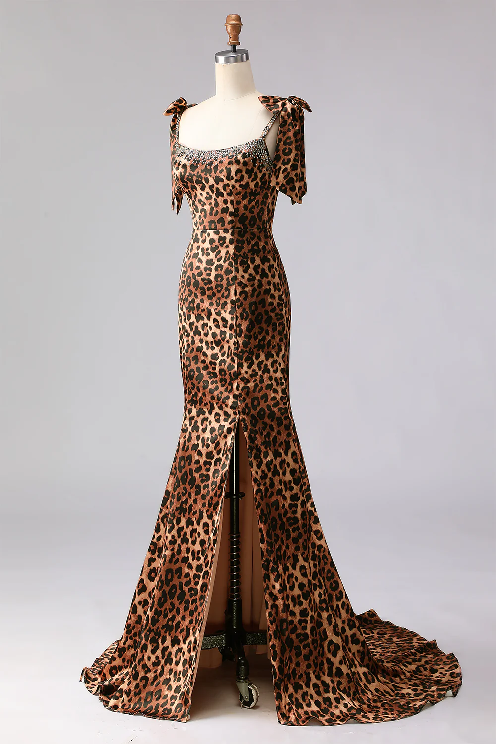 Brown Leopard Mermaid Beaded Strap Bows Printed Long Prom Dress with Slit - Image 3