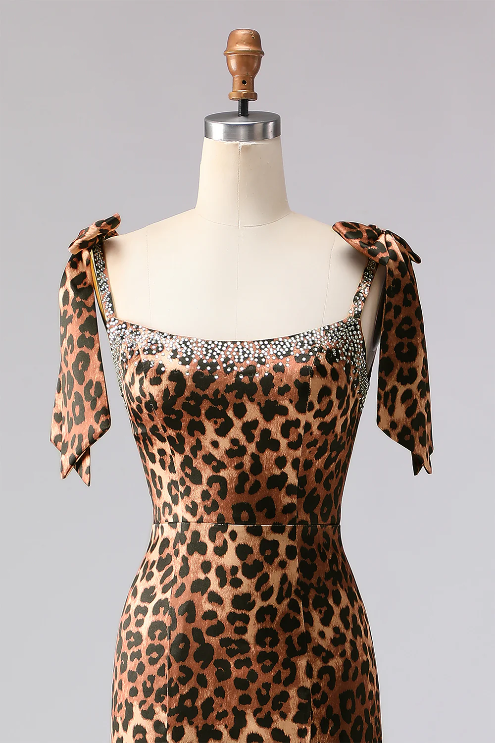 Brown Leopard Mermaid Beaded Strap Bows Printed Long Prom Dress with Slit - Image 4
