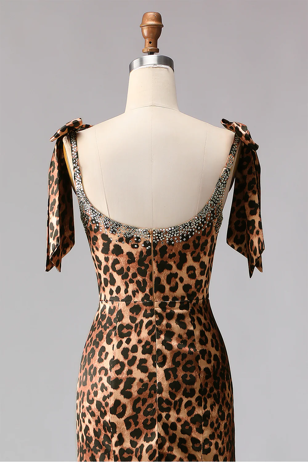 Brown Leopard Mermaid Beaded Strap Bows Printed Long Prom Dress with Slit - Image 5