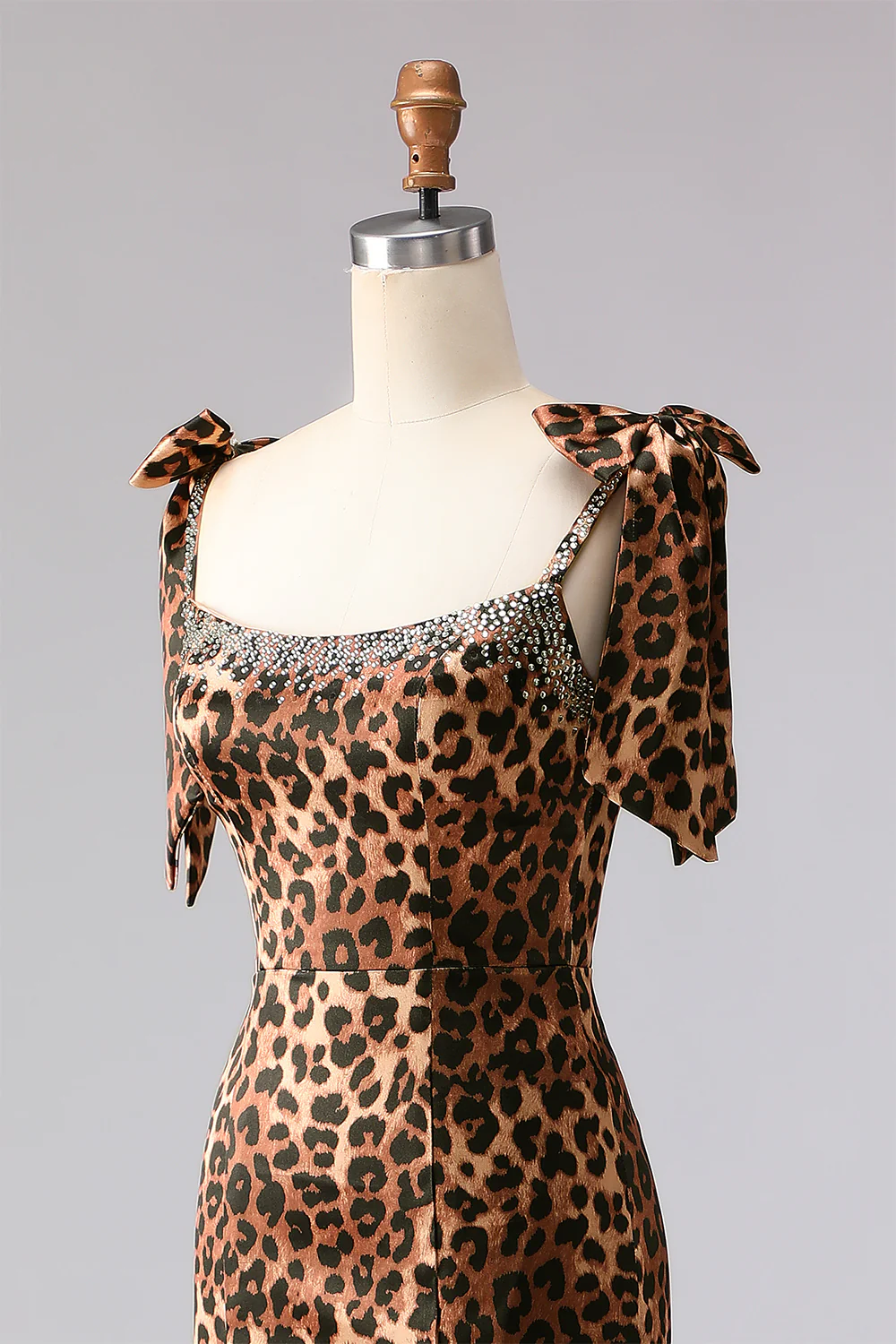 Brown Leopard Mermaid Beaded Strap Bows Printed Long Prom Dress with Slit - Image 6